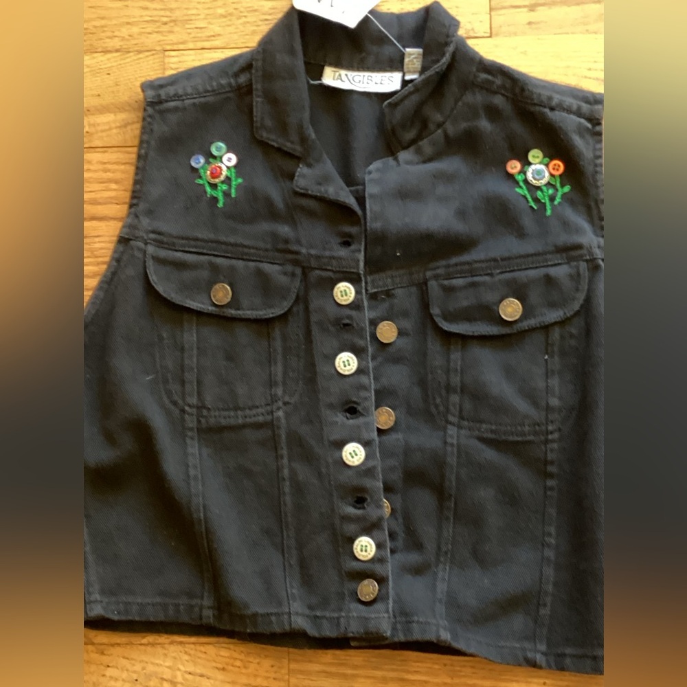 🦺 Vintage BLACK TANGIBLES Denim Vest Embellished Custom Y2K